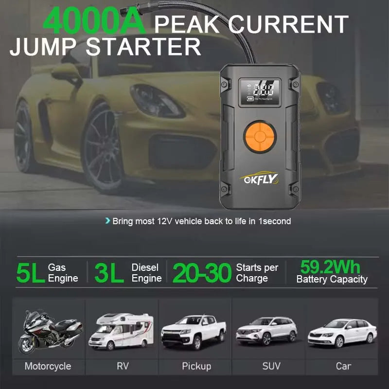 4-en-1 Démarreur Batterie 4000A + Compresseur 150PSI + Power Bank + Gonfleur