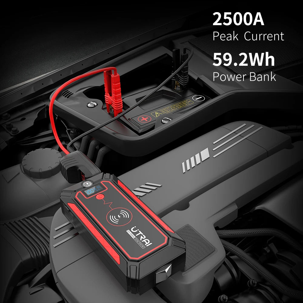 UTRAI 2500A Démarreur Batterie Portable - Charge Sans Fil 10W + Marteau Sécurité