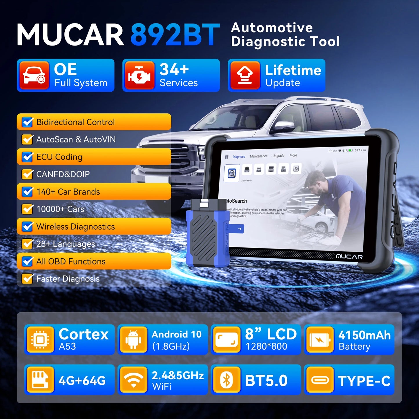 MUCAR 892BT Bi-directional ECU Coding Life Free Professional Car Diagnostic Tool CANFD DOIP 34 Resets Full Systems Obd2 Scanner