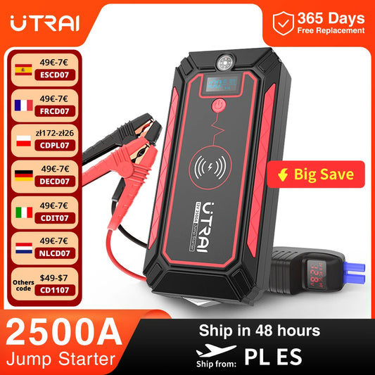 UTRAI 2500A Démarreur Batterie Portable - Charge Sans Fil 10W + Marteau Sécurité